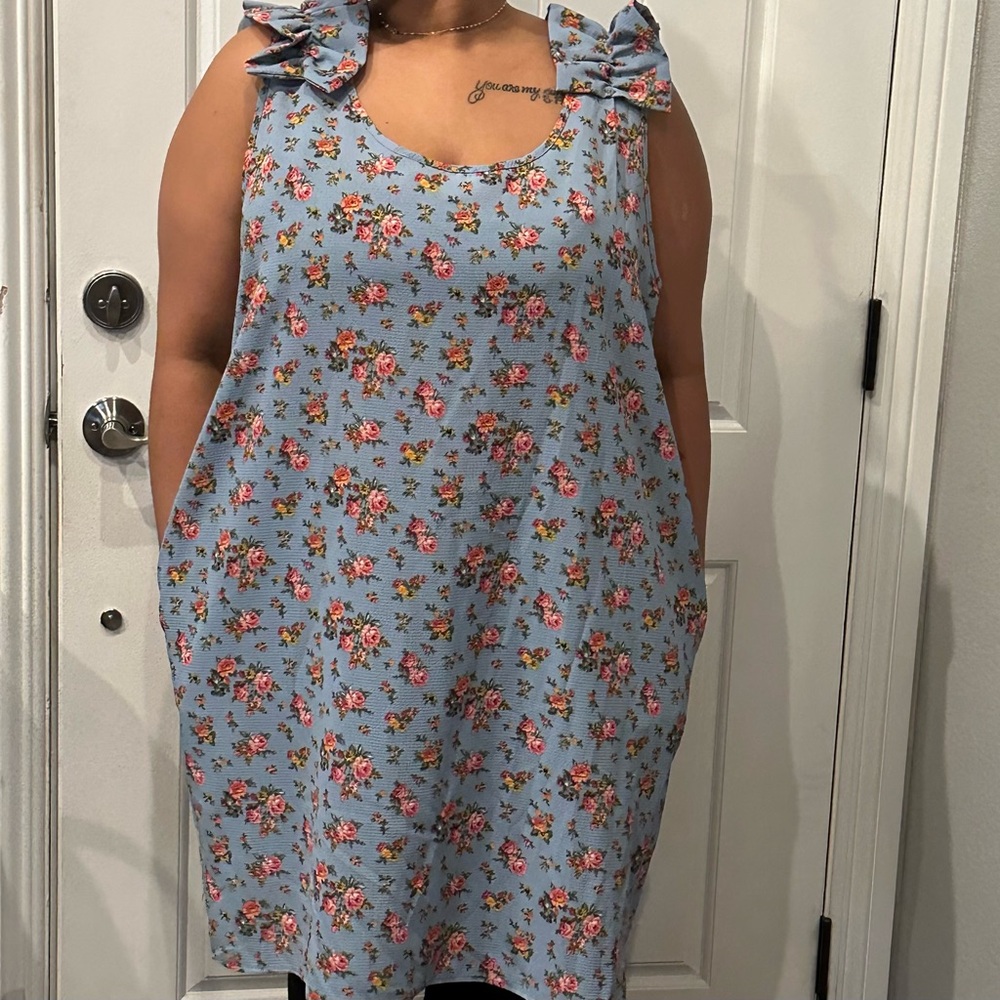 Floral Pink and Blue Bow Strap Mini Dress - Picture 2 of 2